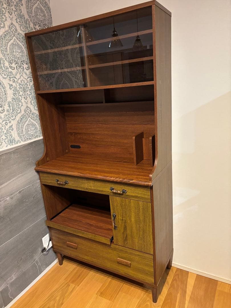 木製食器棚 ブラウン 3段棚付き