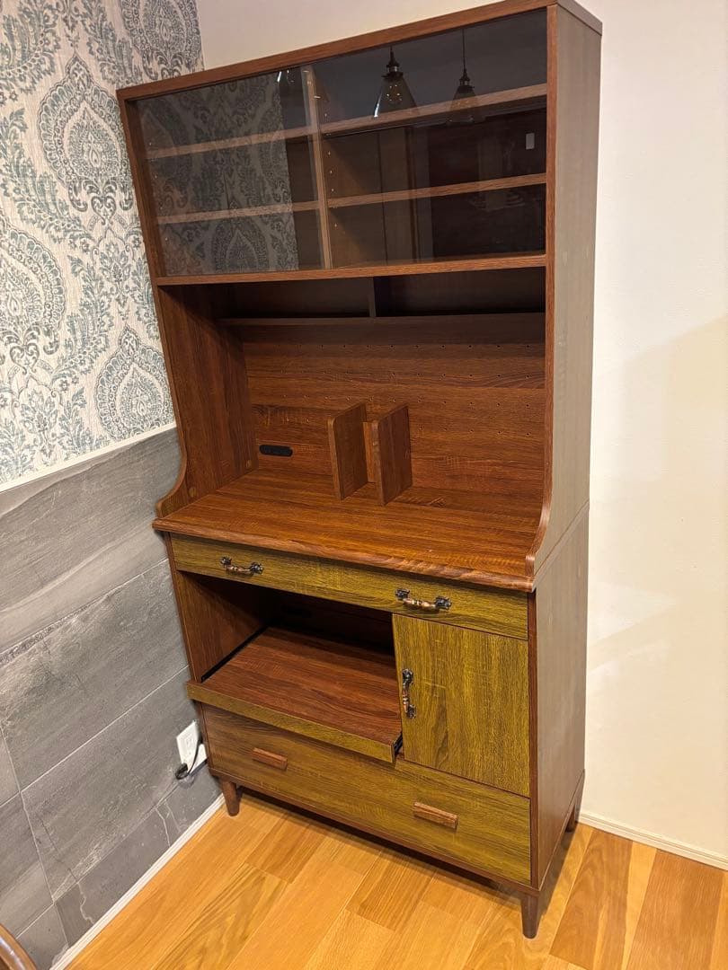 木製食器棚 ブラウン 3段棚付き