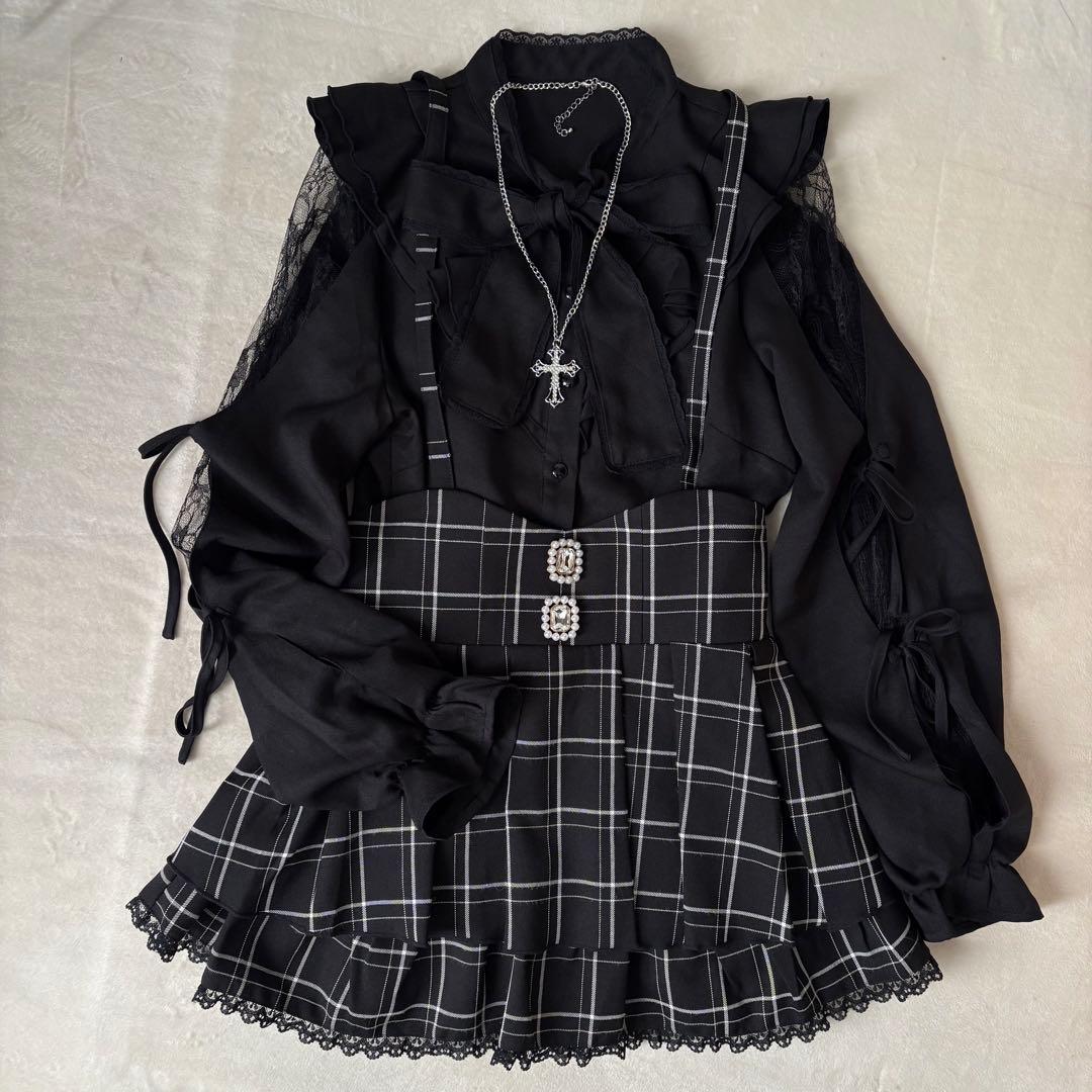 地雷 マーズ mars リボン ブラウス チェックスカパン セットアップ 十字架