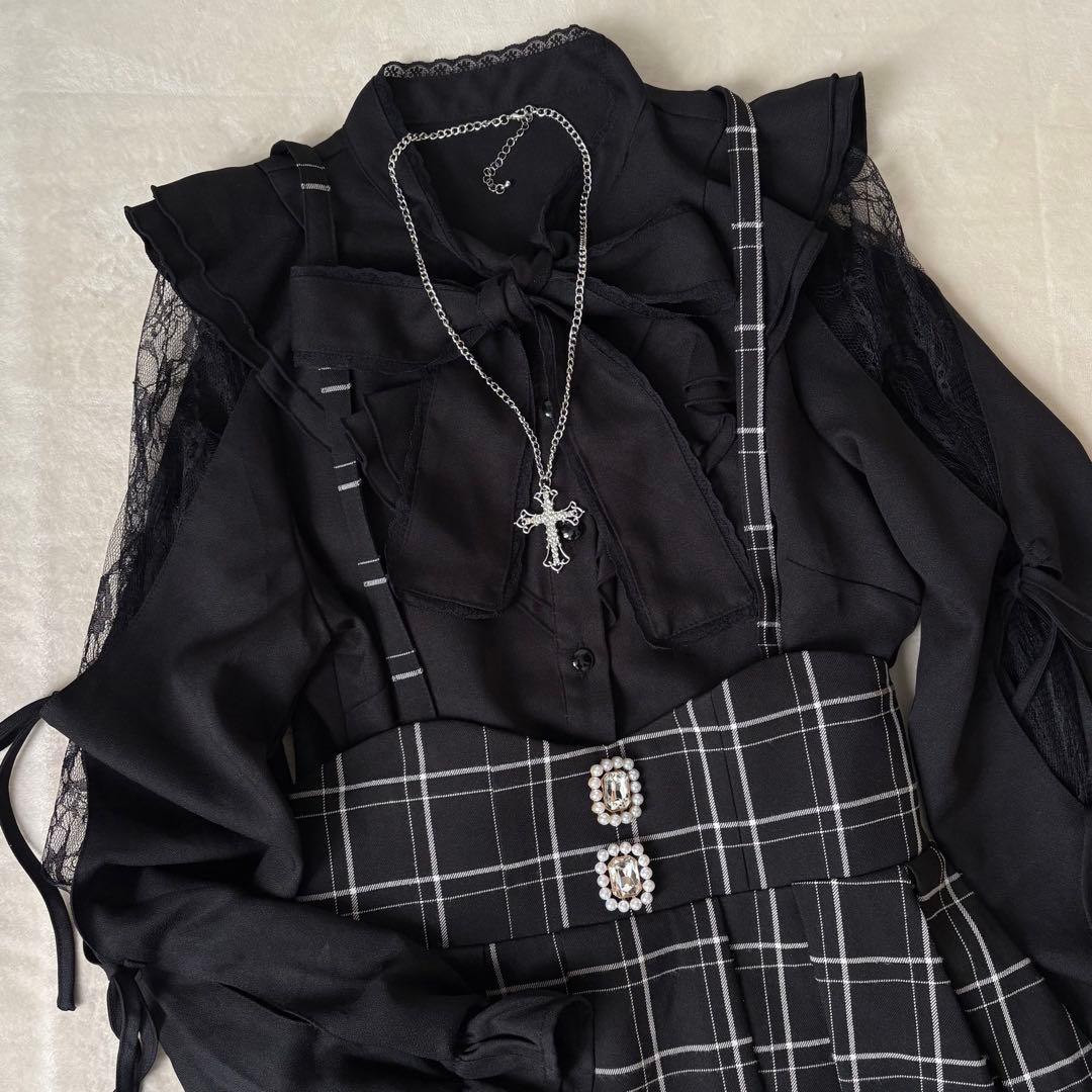地雷 マーズ mars リボン ブラウス チェックスカパン セットアップ 十字架