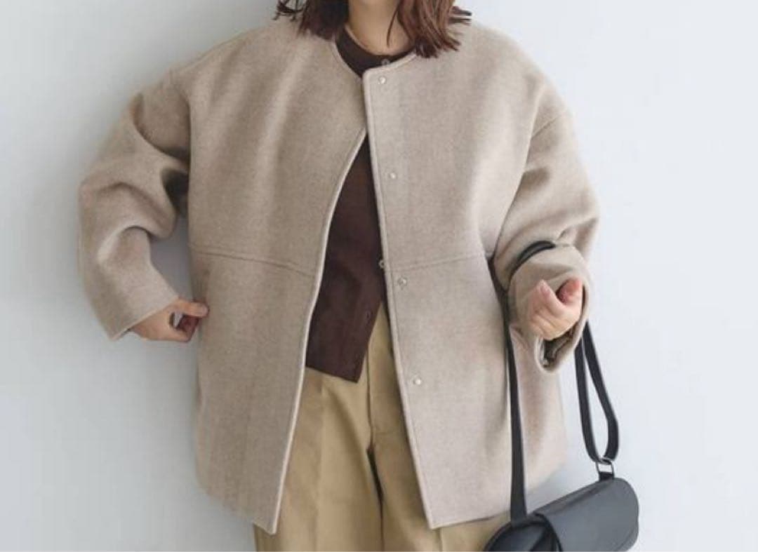 スーパー 140 ビーバー ノーカラー ショートコート ベージュ