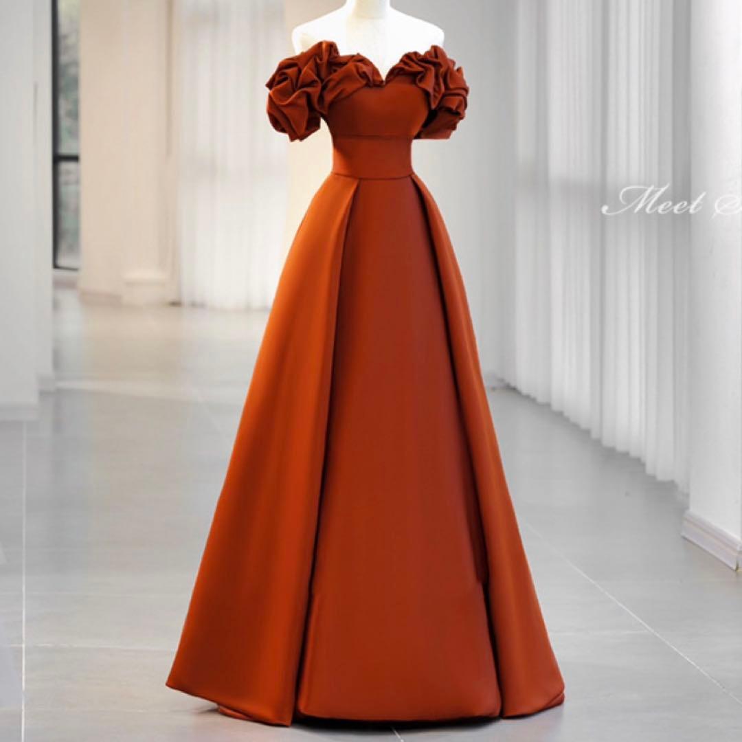 ダークレッド オフショルダー サテンドレス