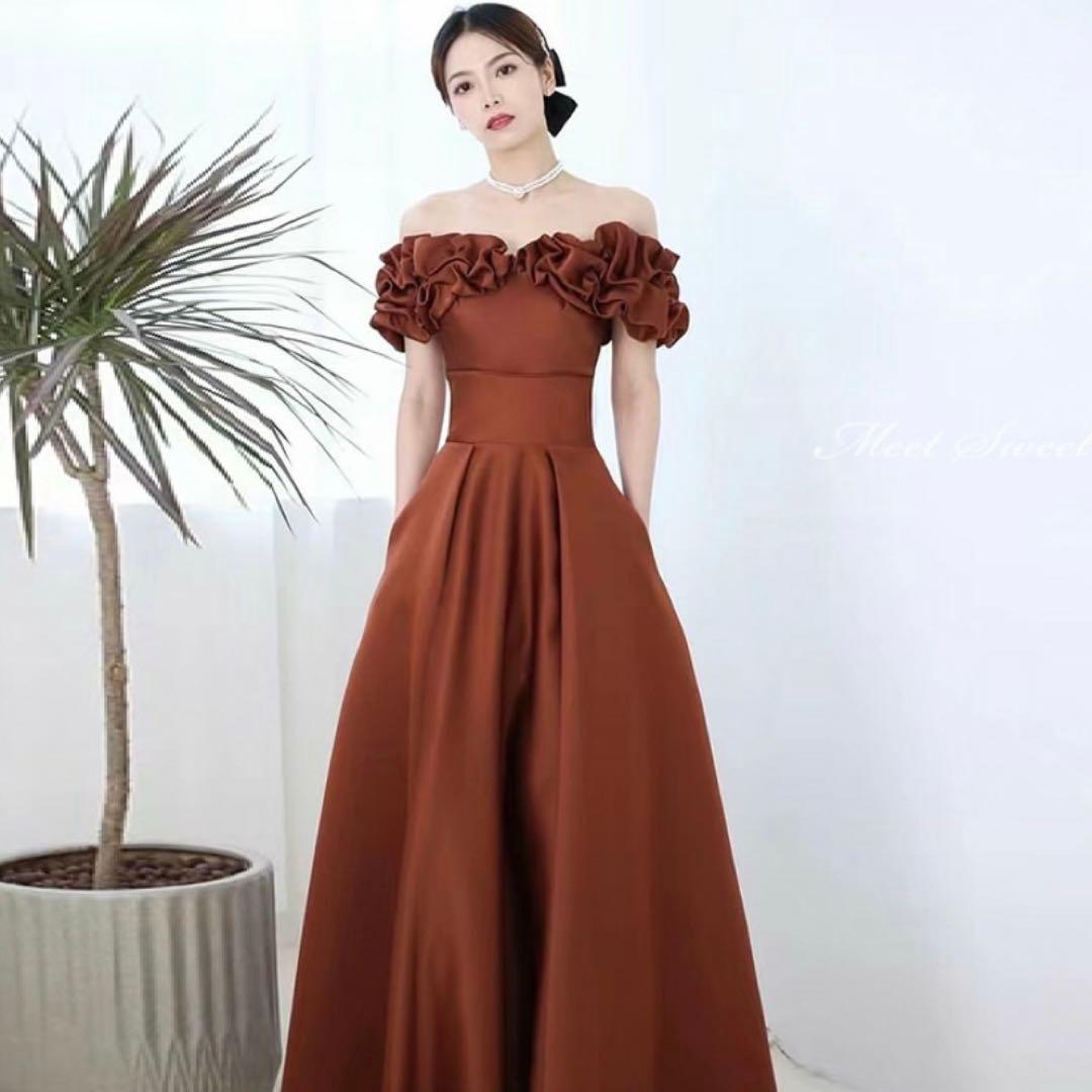 ダークレッド オフショルダー サテンドレス