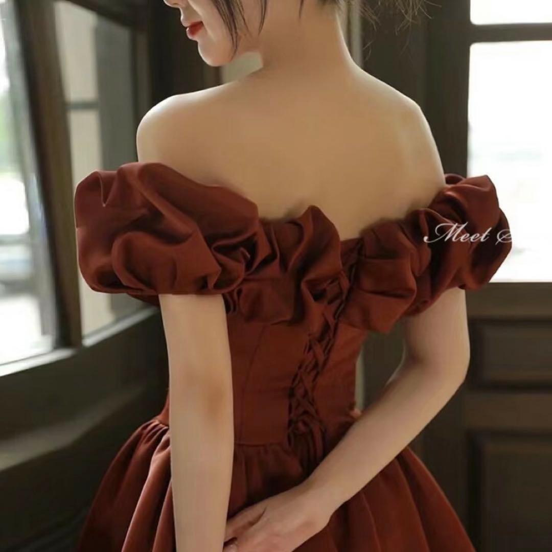 ダークレッド オフショルダー サテンドレス