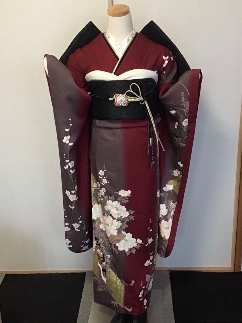 振袖セット　赤　エンジ　牡丹花　金彩　振袖6点セット　正絹　成人式　卒業式