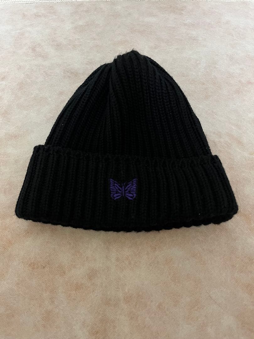 Needles 黒 ニット帽 バタフライ刺繍　帽子　ブラック　編み込み