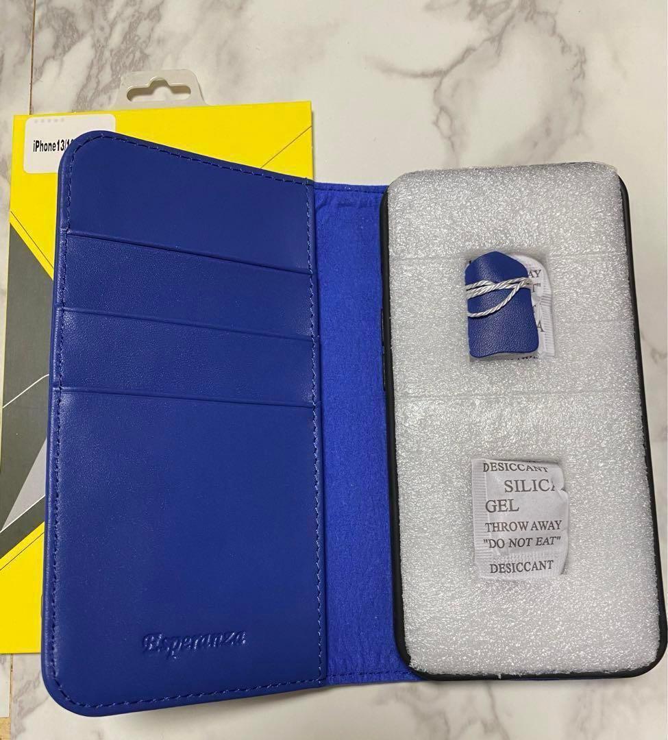 iPhone13 6.1インチ ケース　手帳型 黒 ブルー ガラスフィルム付き