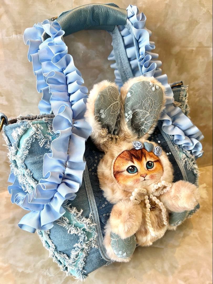 コヤンイサムチョン　フリンジデニム/スパンコールレースデニム　フリル持ち手バッグ