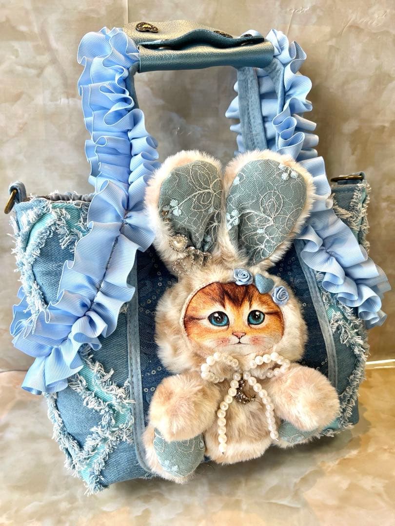 コヤンイサムチョン　フリンジデニム/スパンコールレースデニム　フリル持ち手バッグ