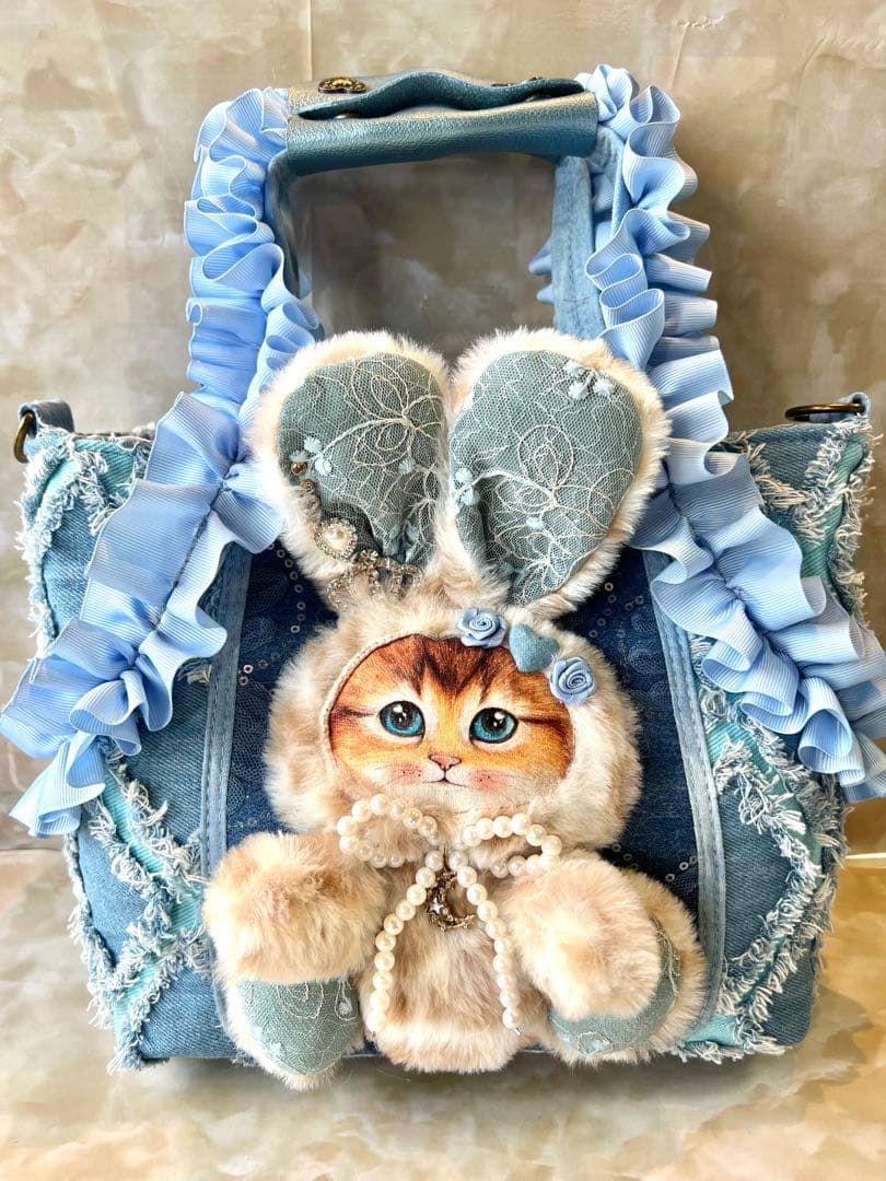 コヤンイサムチョン　フリンジデニム/スパンコールレースデニム　フリル持ち手バッグ