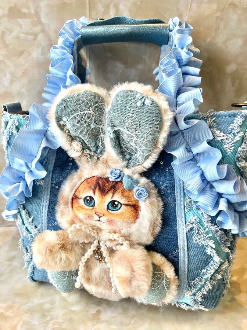 コヤンイサムチョン　フリンジデニム/スパンコールレースデニム　フリル持ち手バッグ