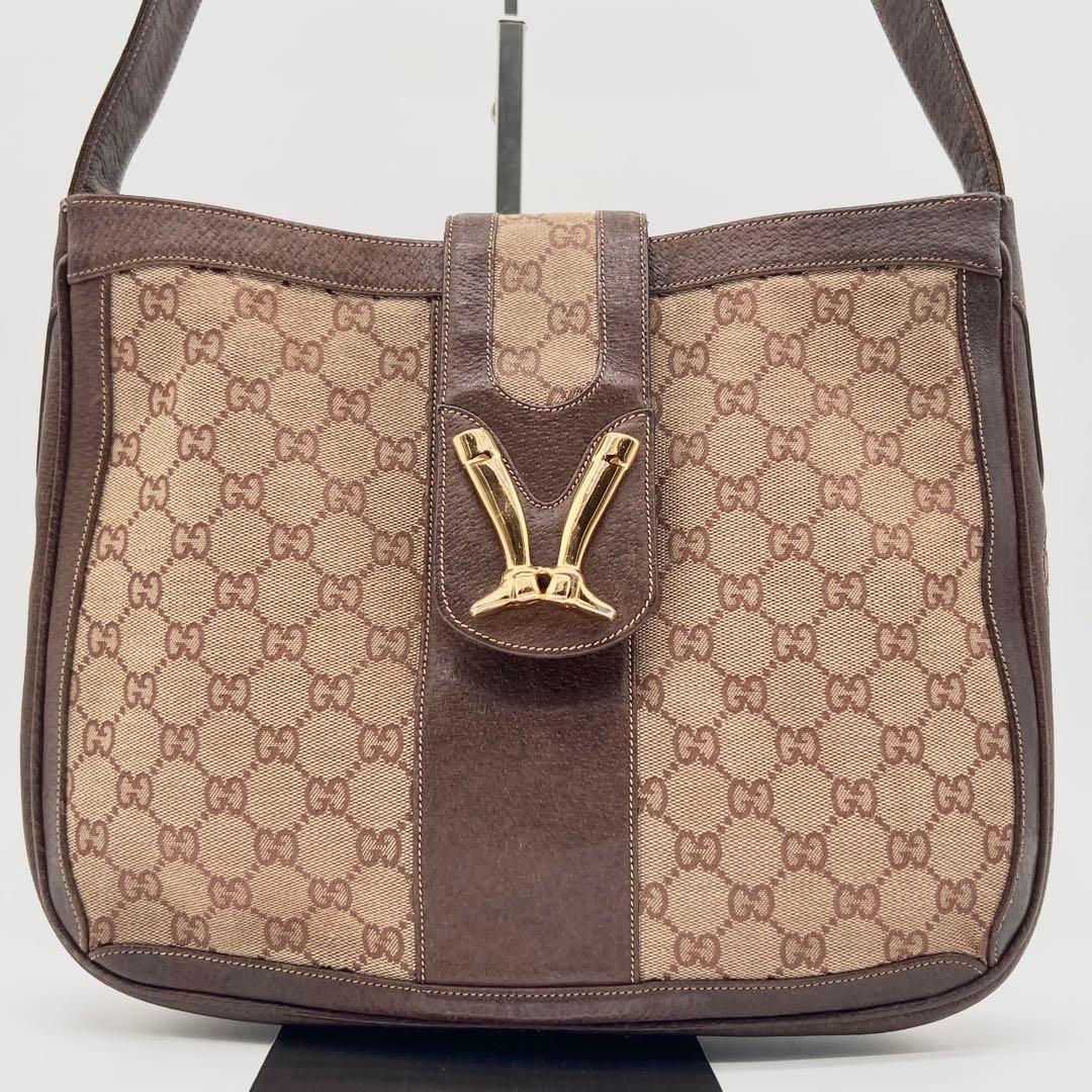 希少 GUCCI ショルダーバッグ GG キャンバス ブーツ金具 ブラウン