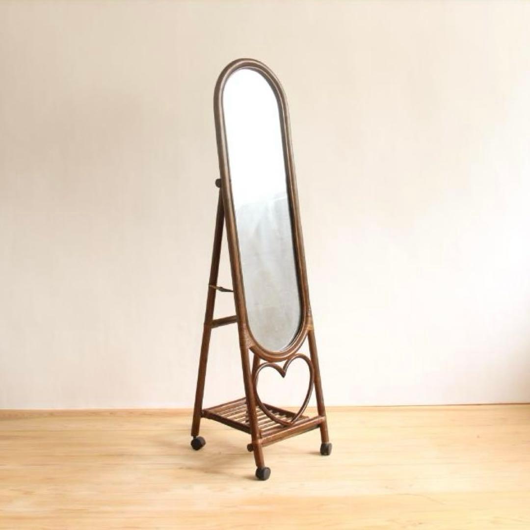 全身鏡　姿見　スタンドミラー　鏡　ラタン　籐製　ハート　レトロ家具　ビンテージ