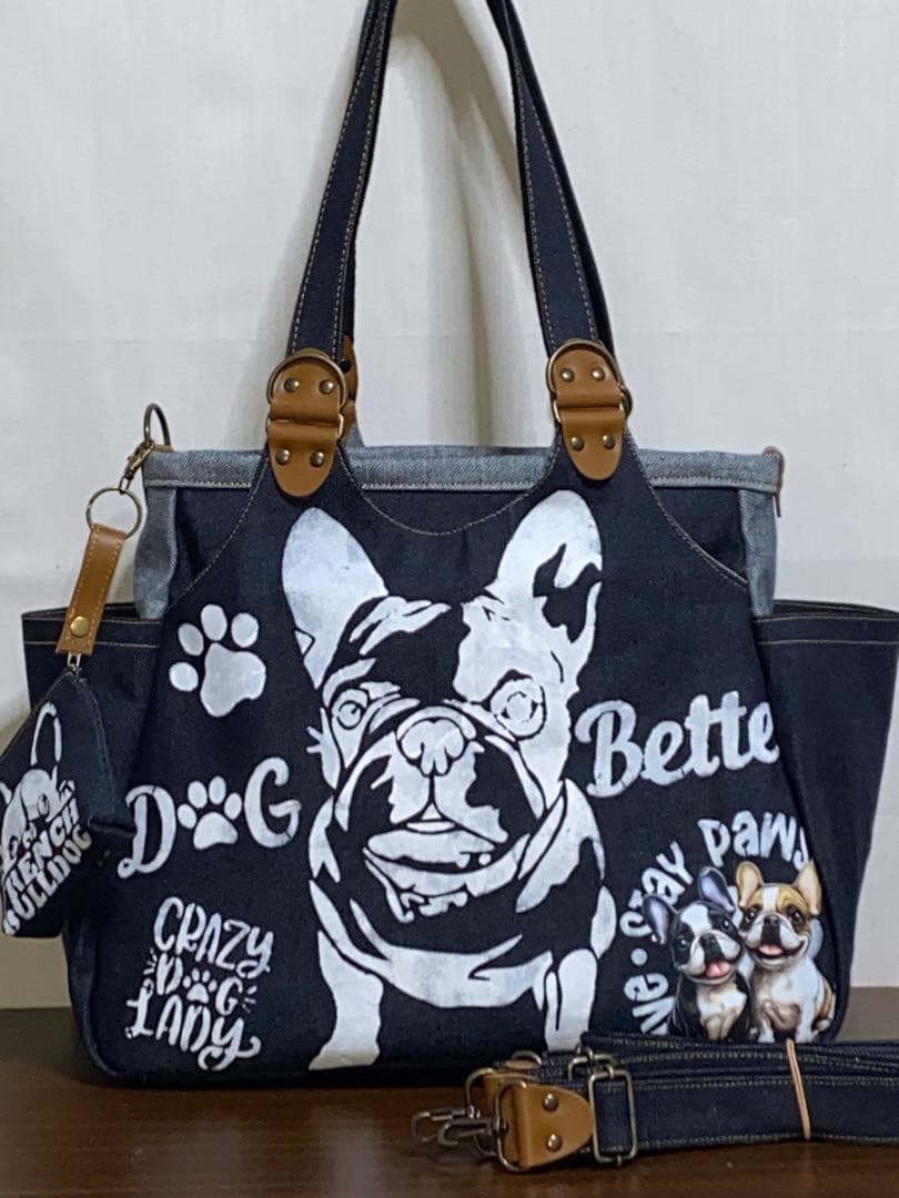 ☆岡山デニム☆ステンシル☆☆フレンチブルドッグ☆4wayあおりバッグ