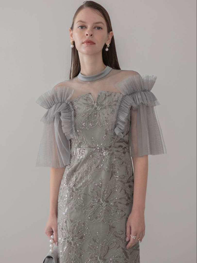 チュールフリルショルダーシアーIラインワンピースドレス結婚式パーティー二次会