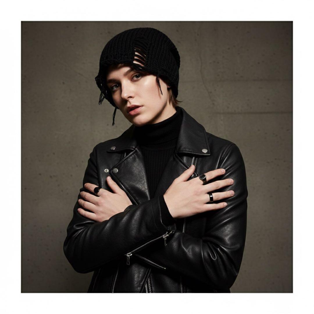 入手困難 ダメージ加工 黒 編み込み ロングビーニー