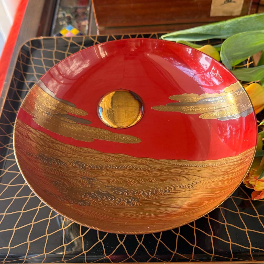 2147様感謝‼️愛蔵金銀波❌日の出❌松超絶高蒔絵大盃総欅塗木箱入黄布古布付1客