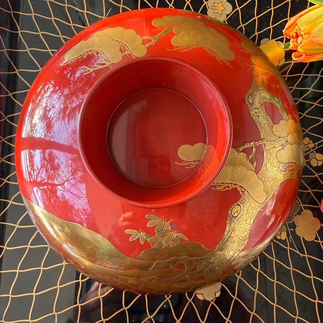 2147様感謝‼️愛蔵金銀波❌日の出❌松超絶高蒔絵大盃総欅塗木箱入黄布古布付1客