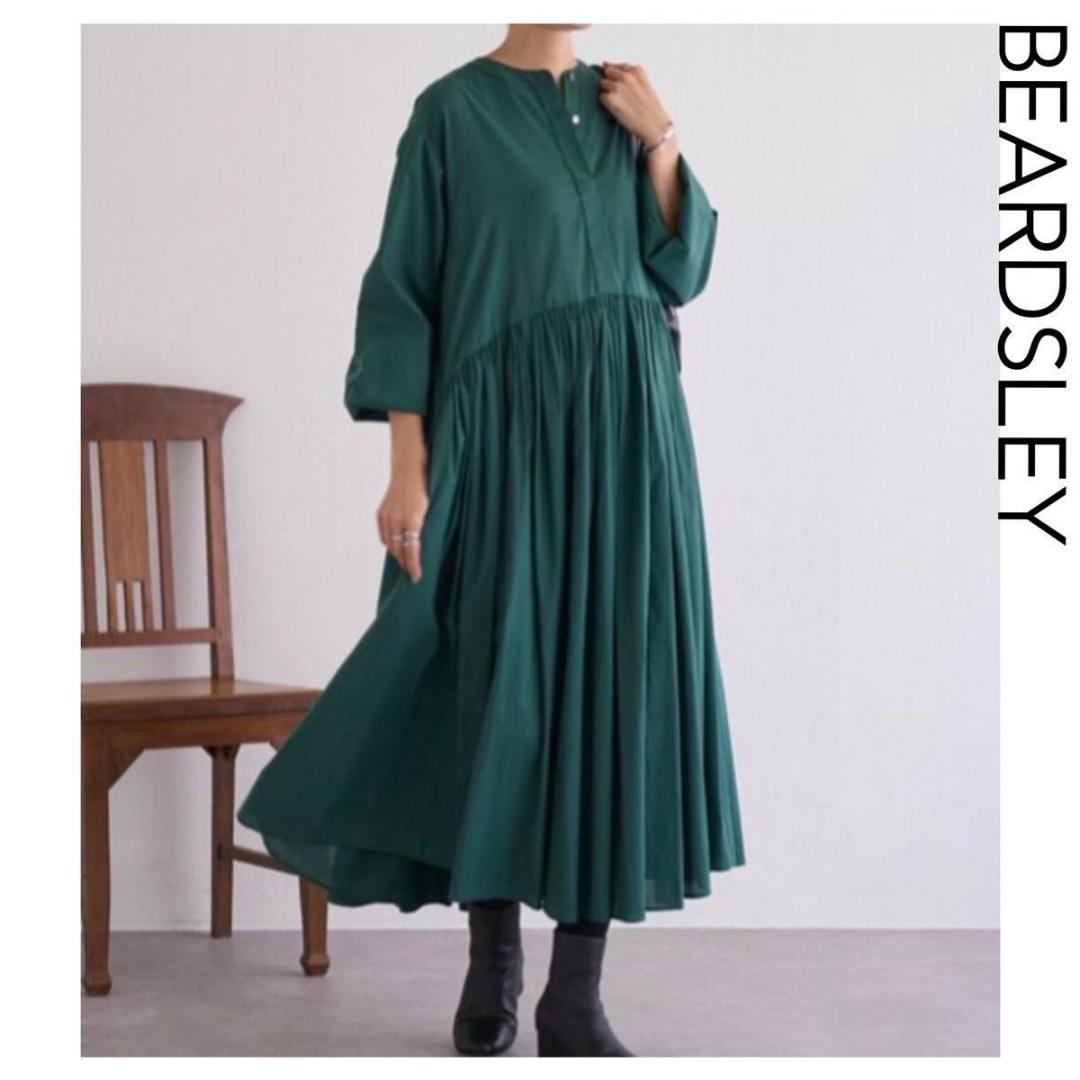BEARDSLEY ビアズリー　ギャザーワンピース　ダークグリーン　洗える　長袖