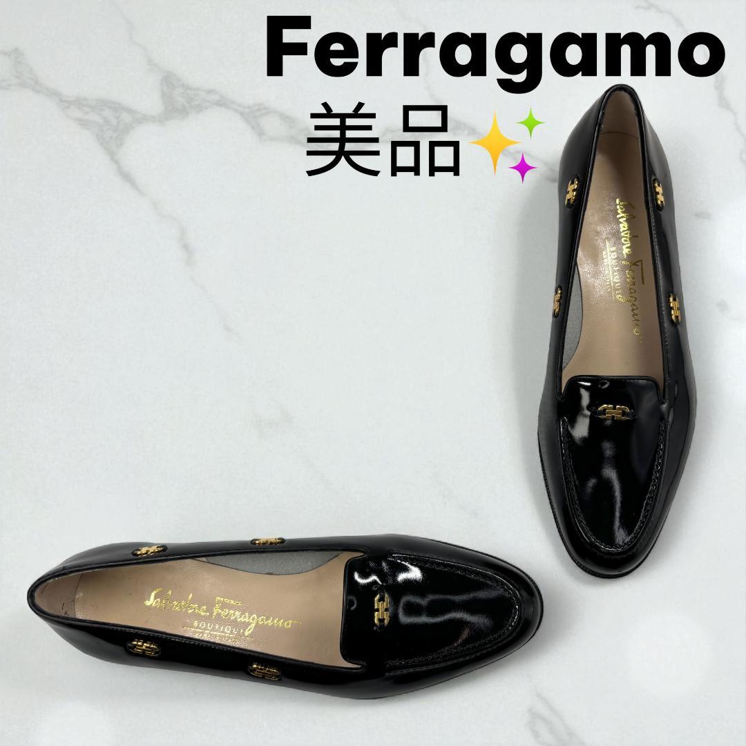 美品 フェラガモ ガンチーニ フラットシューズ 黒 6.5C 約24cm