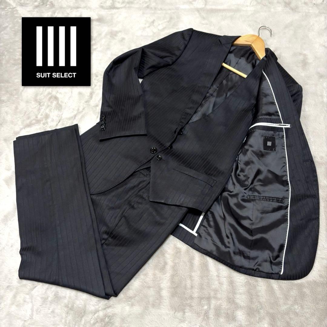 スーツセレクト 3ピース セットアップ スーツ 上下 黒 Y4 ストライプ 光沢