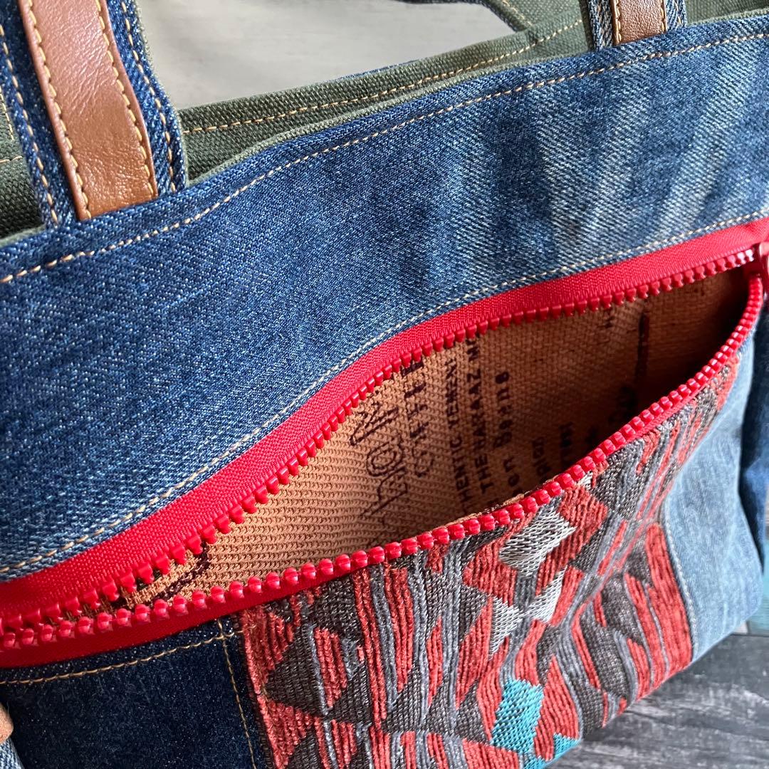 ◆デニム×ネイティヴ柄◆サイドポケット付き トートバッグ 他2点