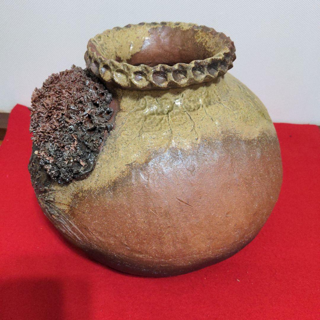 鈴鹿焼・萬古焼・杉野玉龍作・浮彫盛上山水風車図・壺・床飾り・飾り壺・花瓶