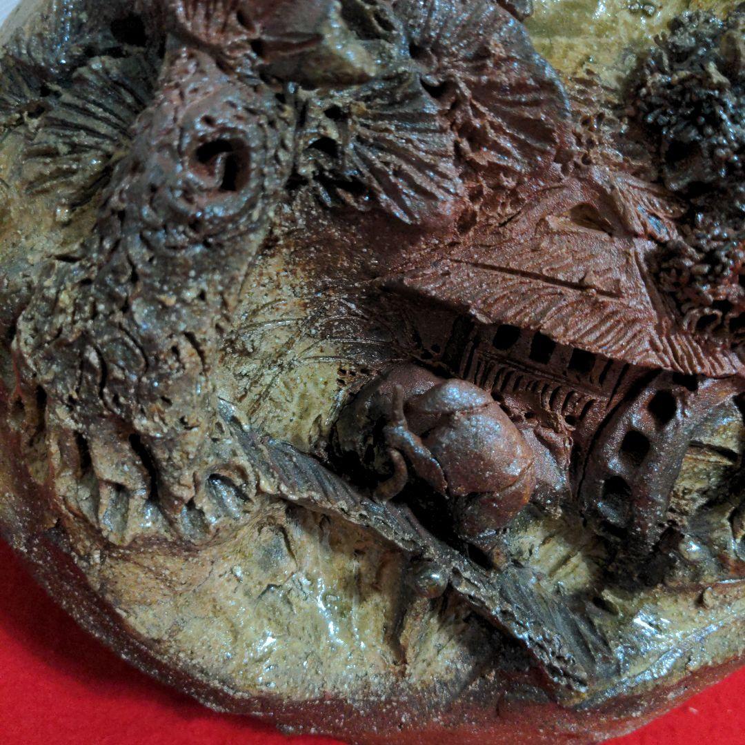 鈴鹿焼・萬古焼・杉野玉龍作・浮彫盛上山水風車図・壺・床飾り・飾り壺・花瓶