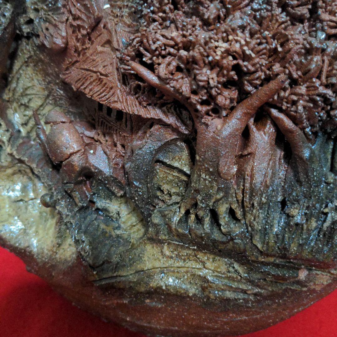 鈴鹿焼・萬古焼・杉野玉龍作・浮彫盛上山水風車図・壺・床飾り・飾り壺・花瓶