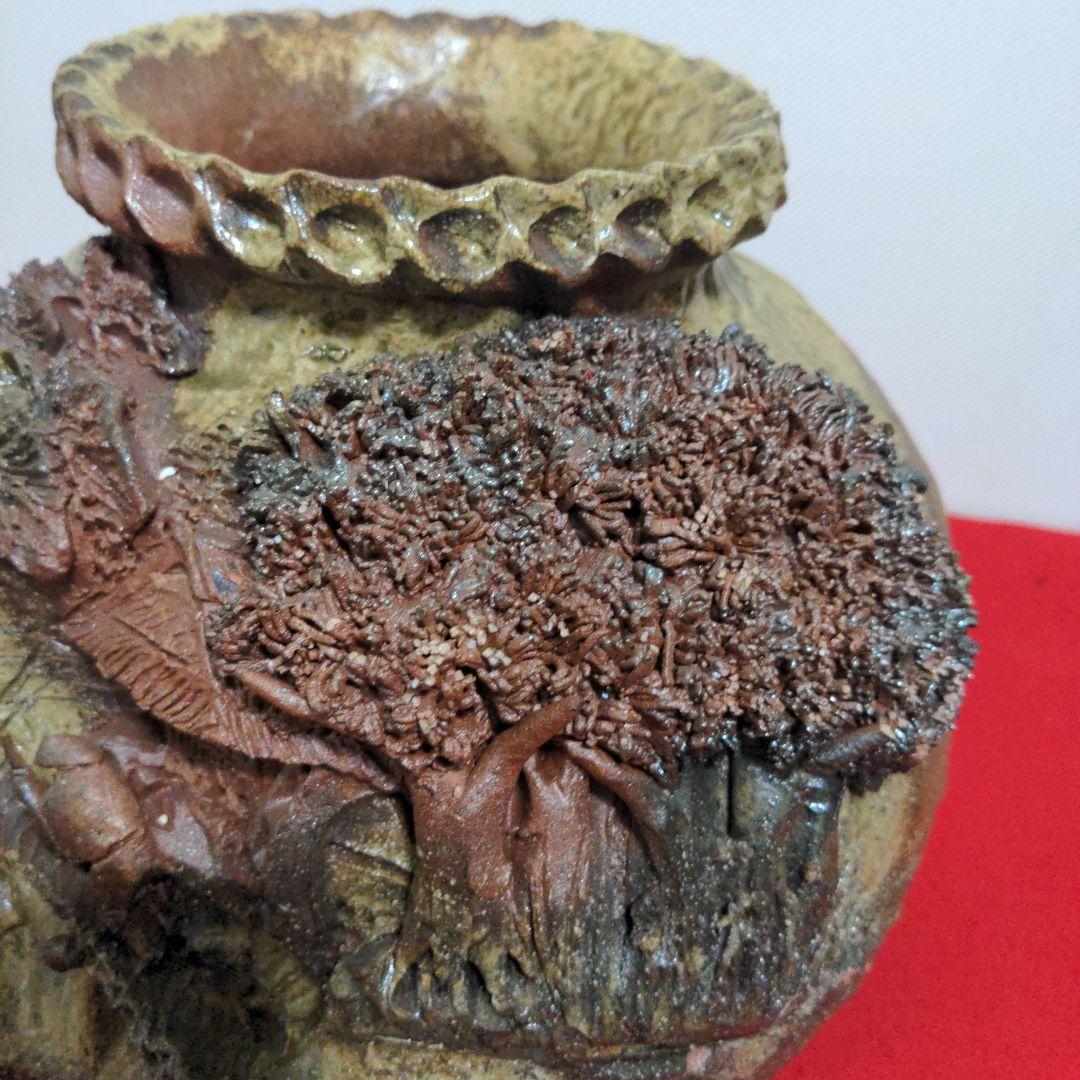 鈴鹿焼・萬古焼・杉野玉龍作・浮彫盛上山水風車図・壺・床飾り・飾り壺・花瓶