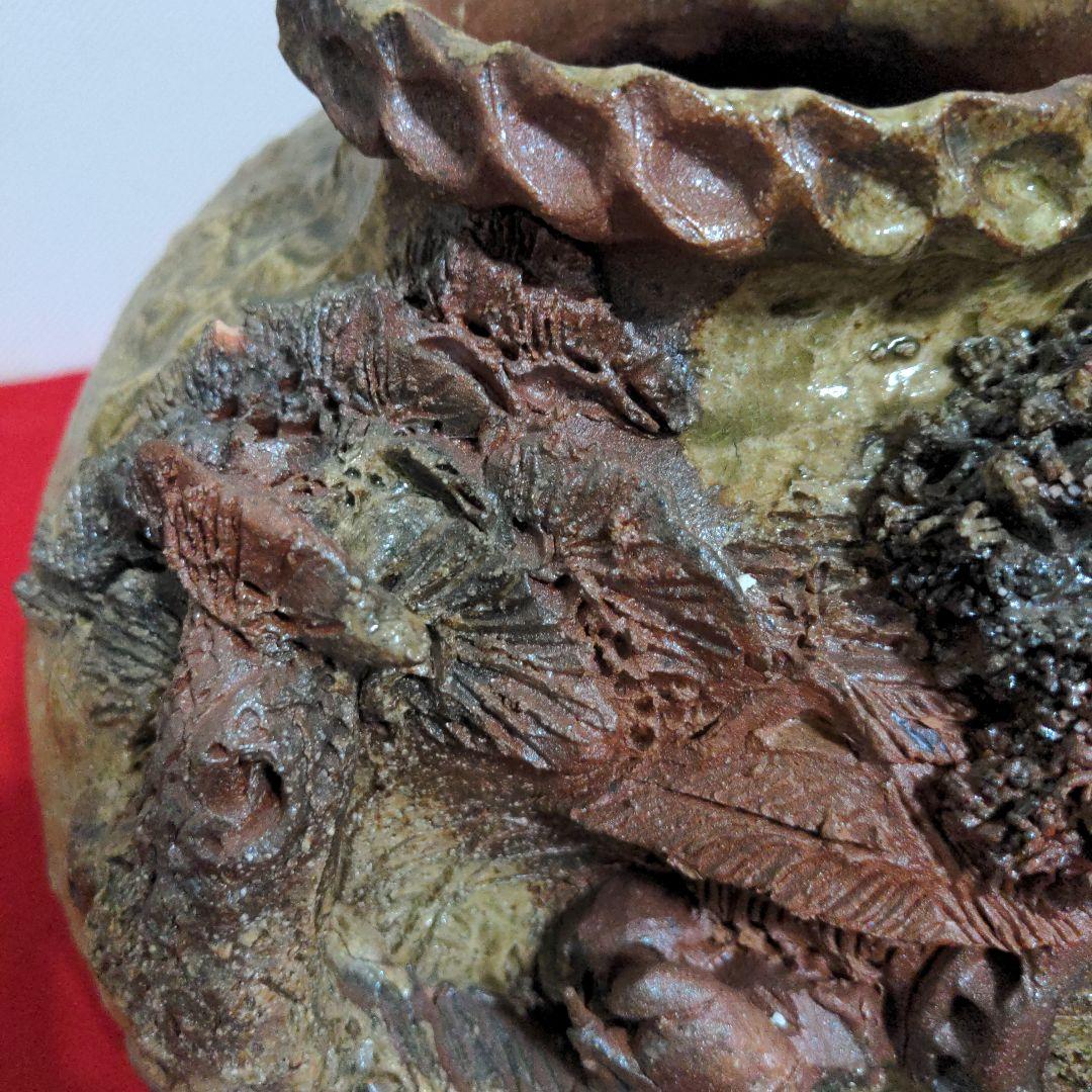 鈴鹿焼・萬古焼・杉野玉龍作・浮彫盛上山水風車図・壺・床飾り・飾り壺・花瓶