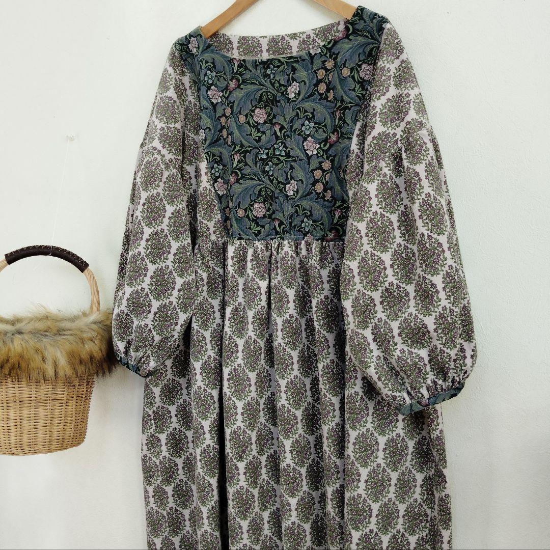 handmadeウィリアムモリス＋コーデュロイワンピースfree長袖エスニック柄