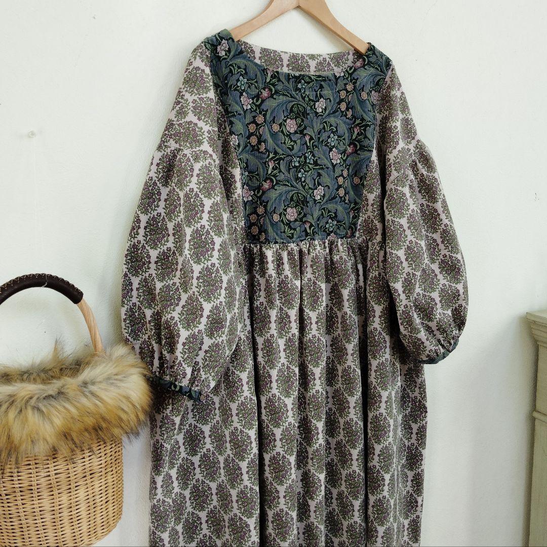 handmadeウィリアムモリス＋コーデュロイワンピースfree長袖エスニック柄