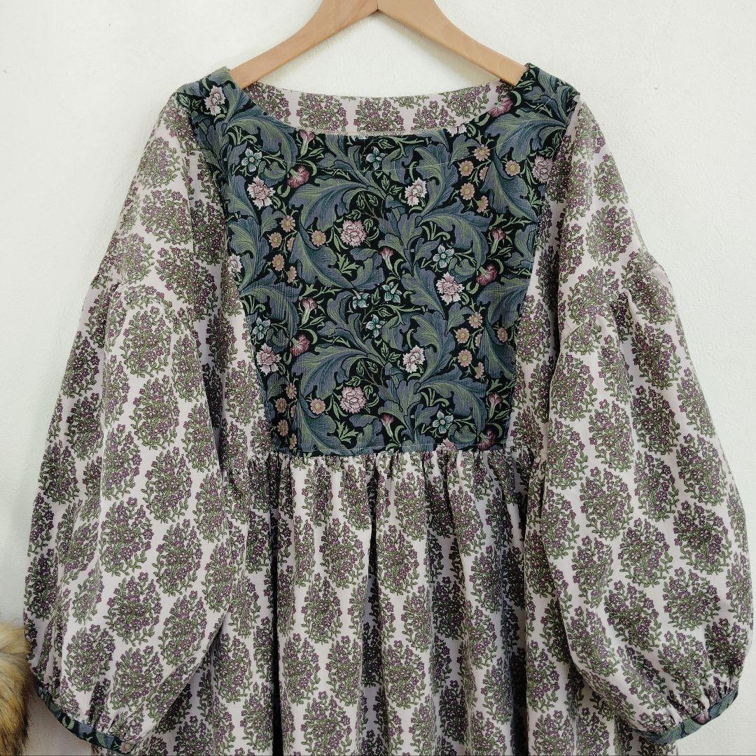 handmadeウィリアムモリス＋コーデュロイワンピースfree長袖エスニック柄