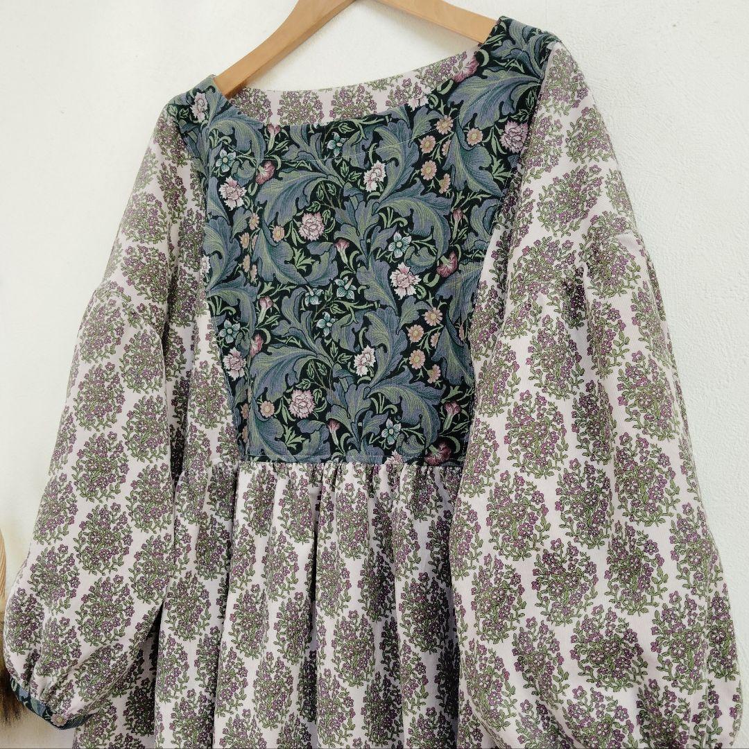 handmadeウィリアムモリス＋コーデュロイワンピースfree長袖エスニック柄