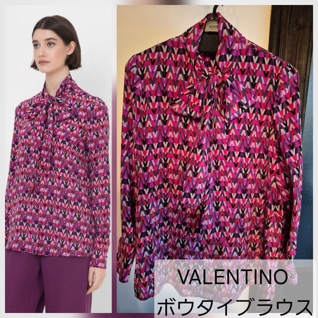 VALENTINO ピンク Vロゴ モノグラム ボウタイ ブラウス シルク