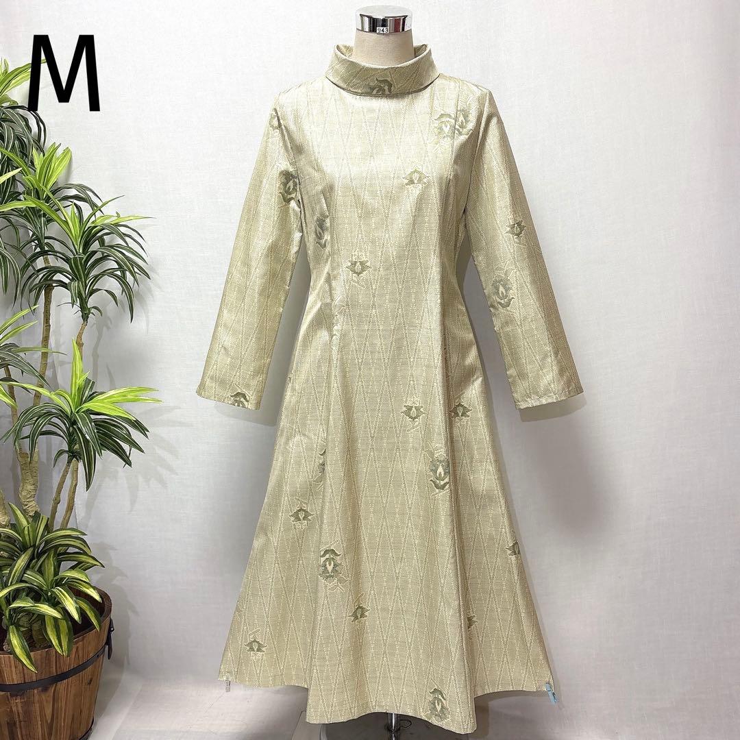 着物リメイク　大島紬花柄ワンピース　ロールカラー　Aライン　細見せ　ゆったり正絹