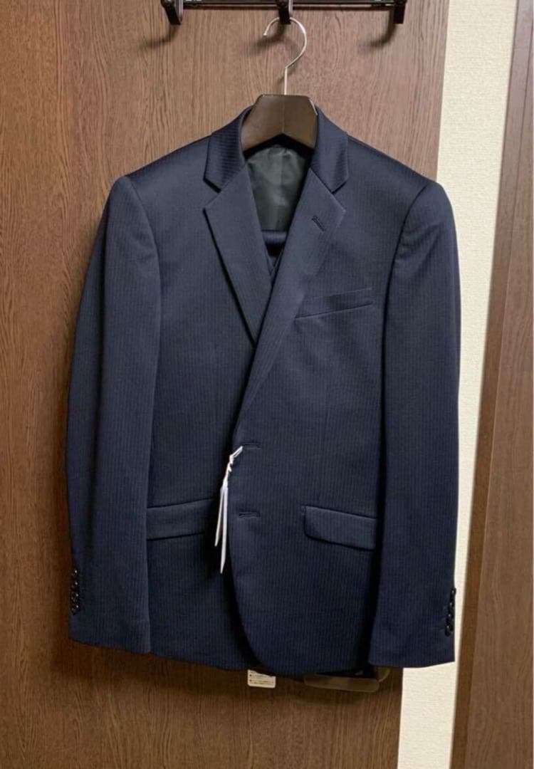 Y4新品未使用！素敵ストレッチ3ピーススーツ！無地調ネイビー！快適ウォッシャブル