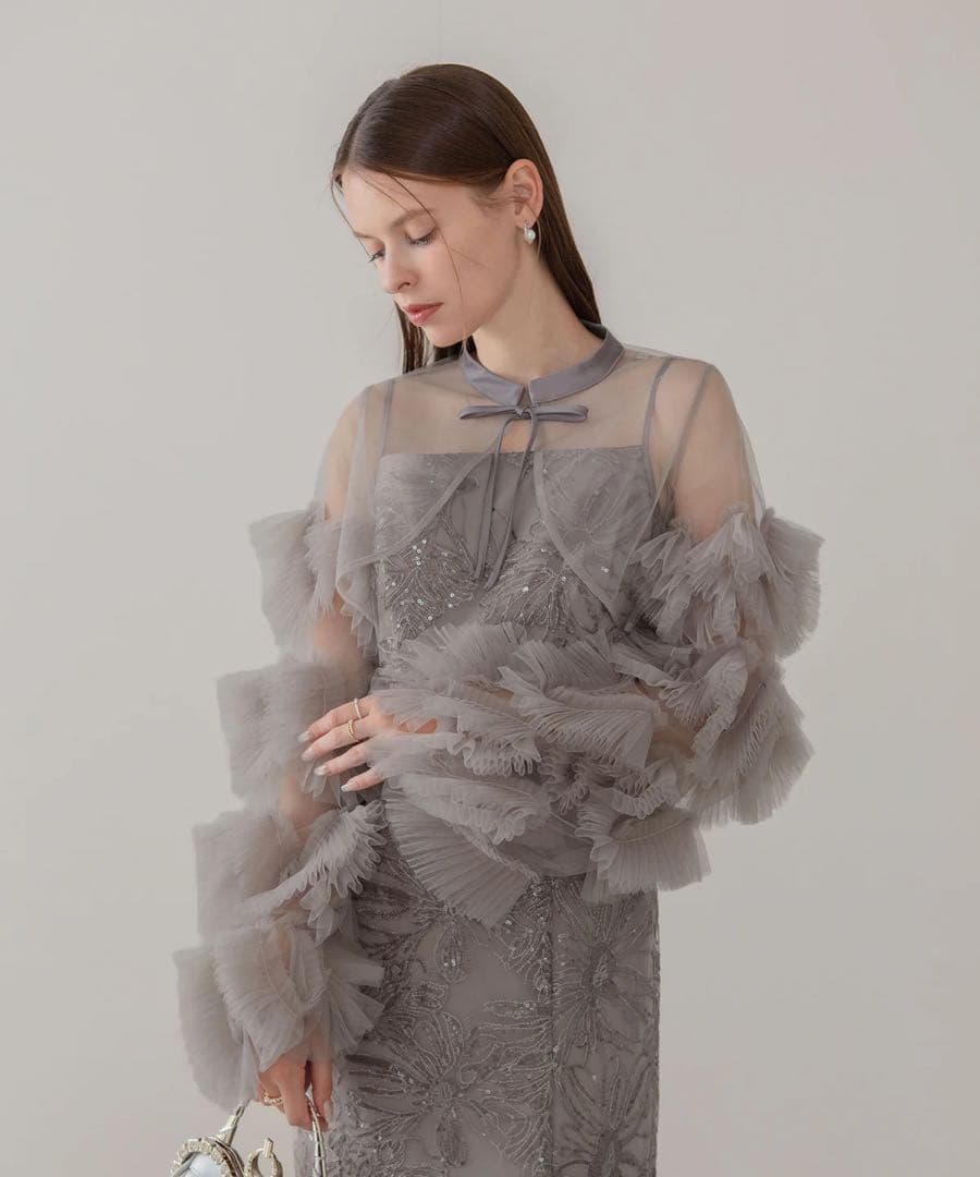 LEJA フリルチュールスリーブリボンIラインワンピースドレス