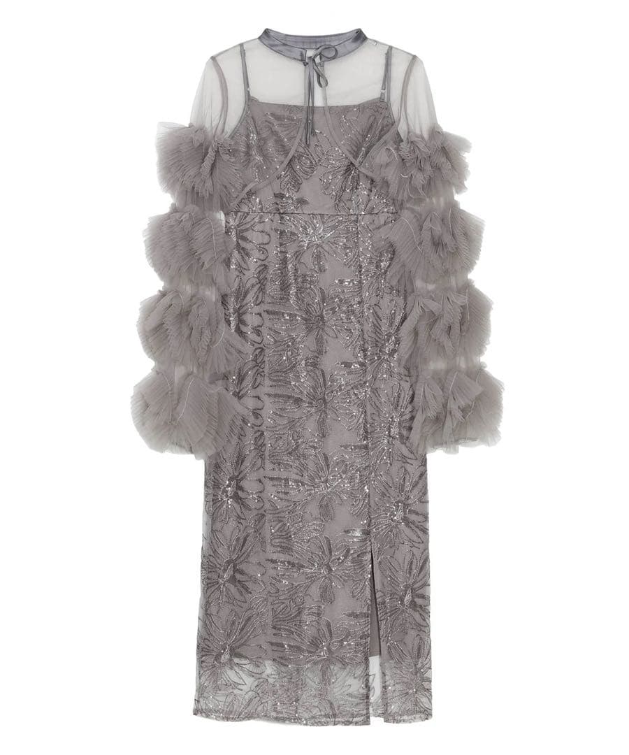 LEJA フリルチュールスリーブリボンIラインワンピースドレス