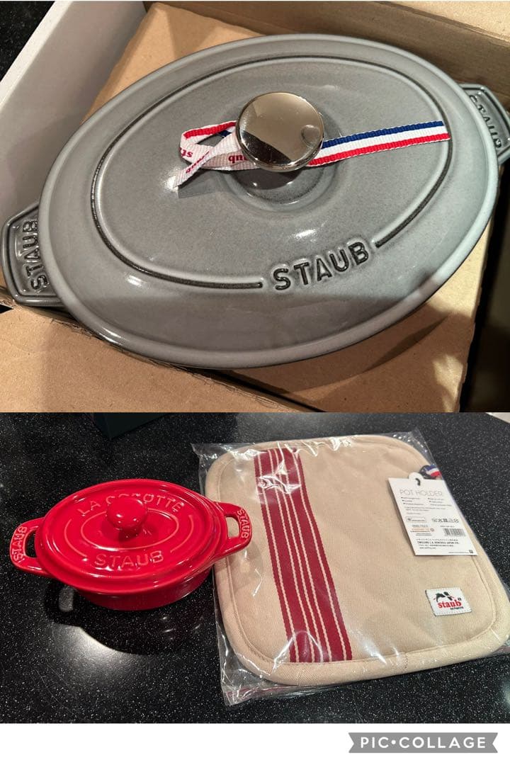 ◆新品未使用◆STAUB オーバルホットプレート グレー＊ミトン・ココット付き＊