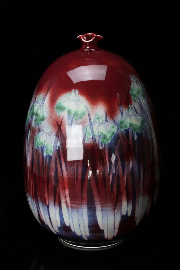 有田焼 四郎窯 辰砂 壺 花瓶 カキツバタ アヤメ 花器 大花瓶 大壺 古美術品