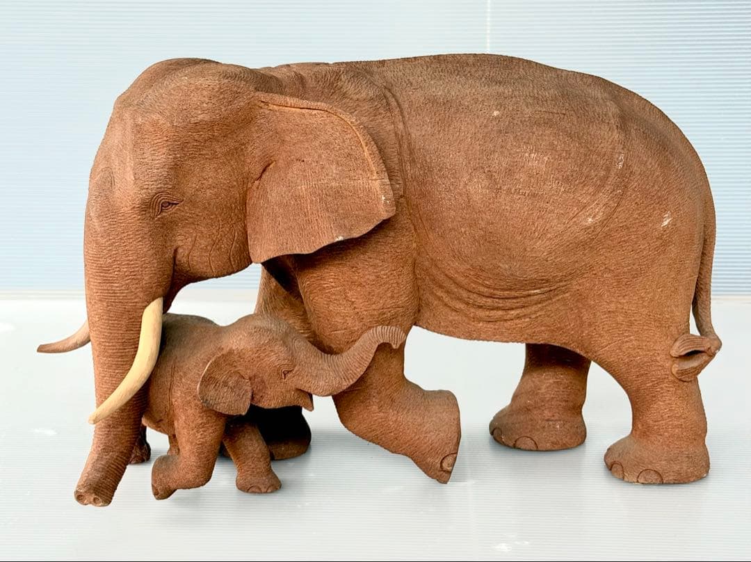 珍しい 希少！50cm リアル 一刀彫り 親子 ゾウ 彫刻 アンティーク 象