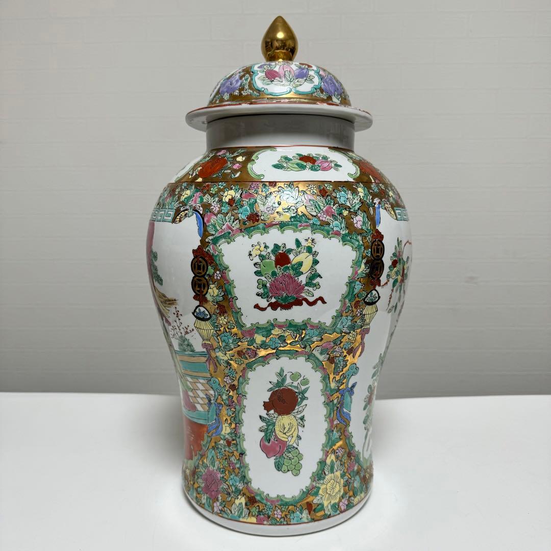 中国美術 蓋付花瓶 花器 飾り壺 壷 宮廷人物図 花鳥図 陶器 磁器 金彩色紜