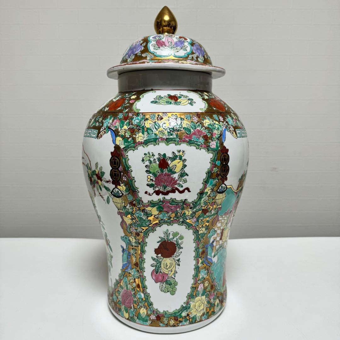 中国美術 蓋付花瓶 花器 飾り壺 壷 宮廷人物図 花鳥図 陶器 磁器 金彩色紜
