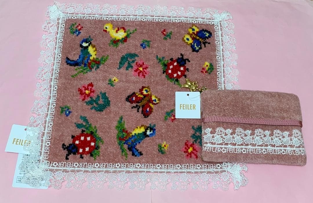 近沢レース×フェイラー　ハイジペイズリーピンク　タオルハンカチ＆ティッシュポーチ