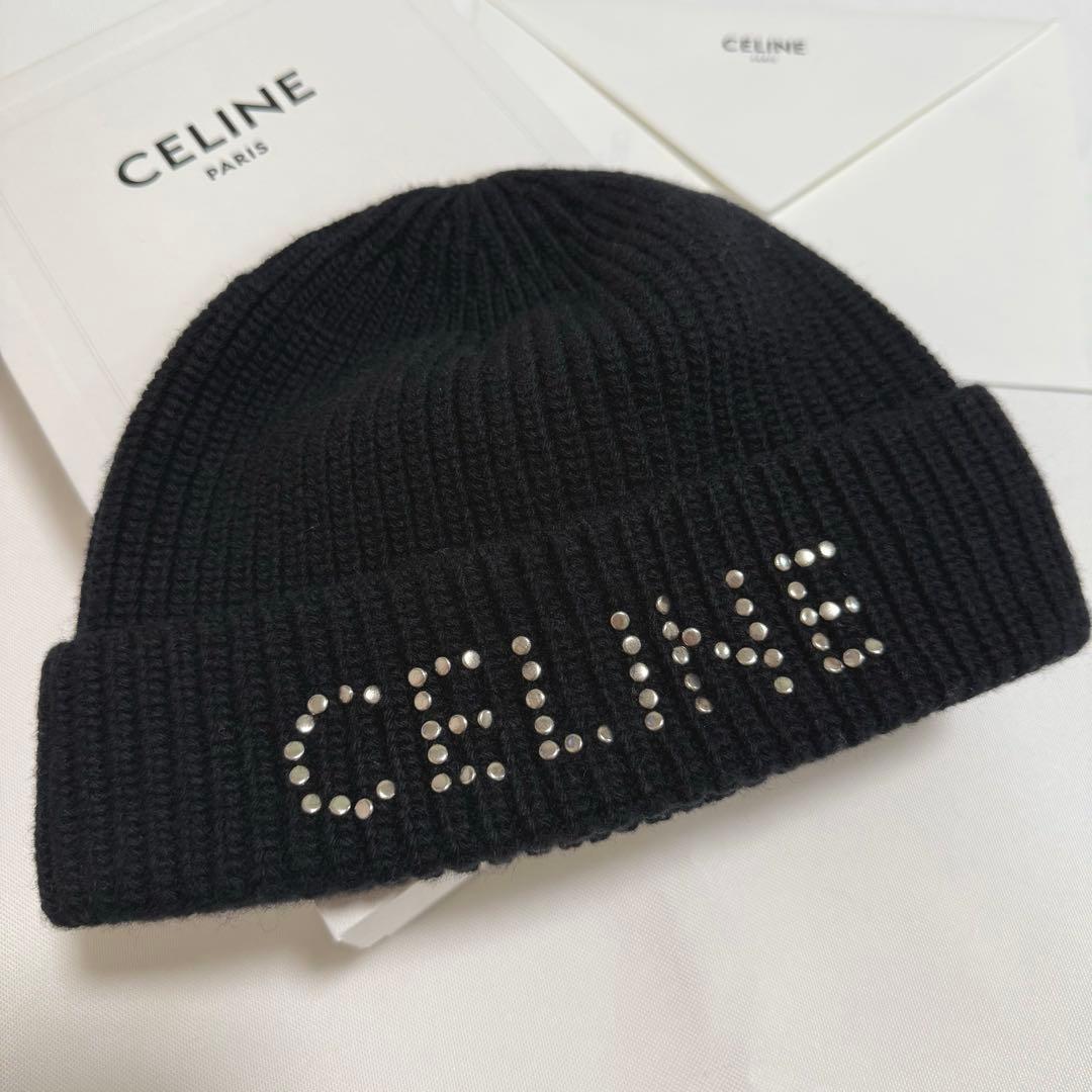 CELINE エンブロイダリー スタッズ ロゴ ビーニー ニットキャップ