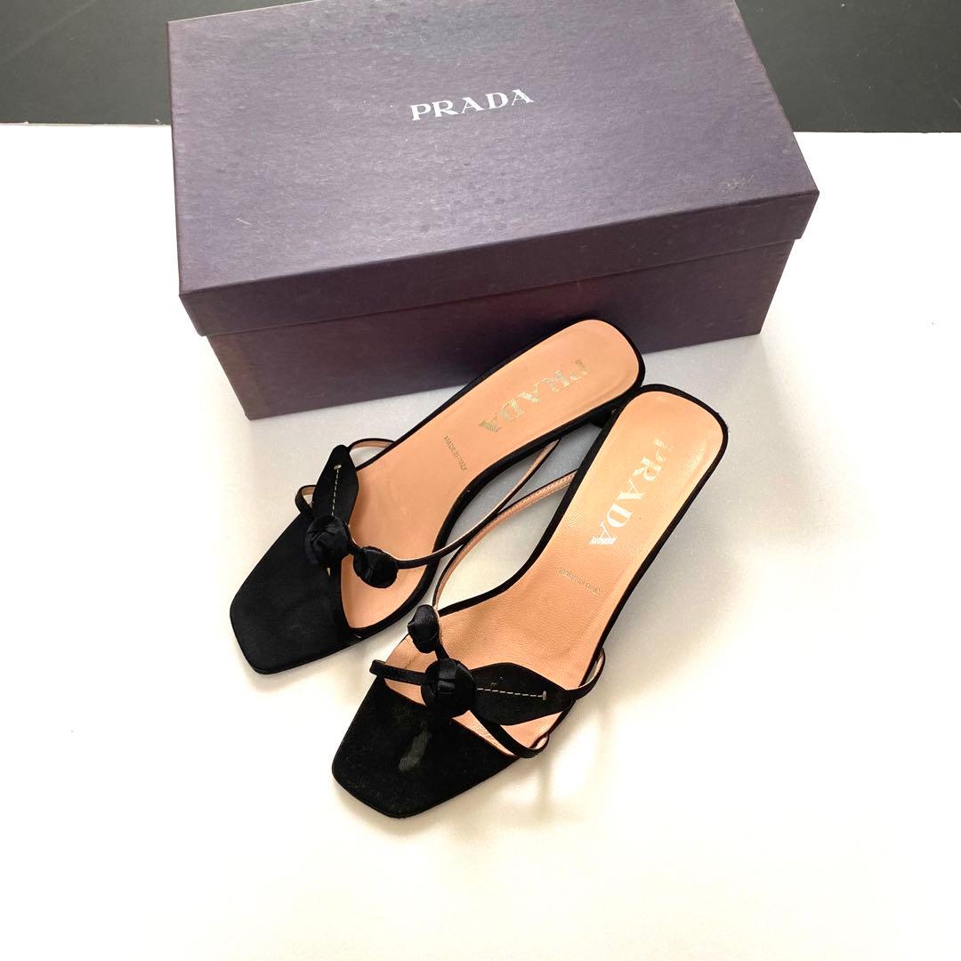 PRADA プラダ　サンダル　23.5 ミュール　黒　バラ　お花モチーフ　37