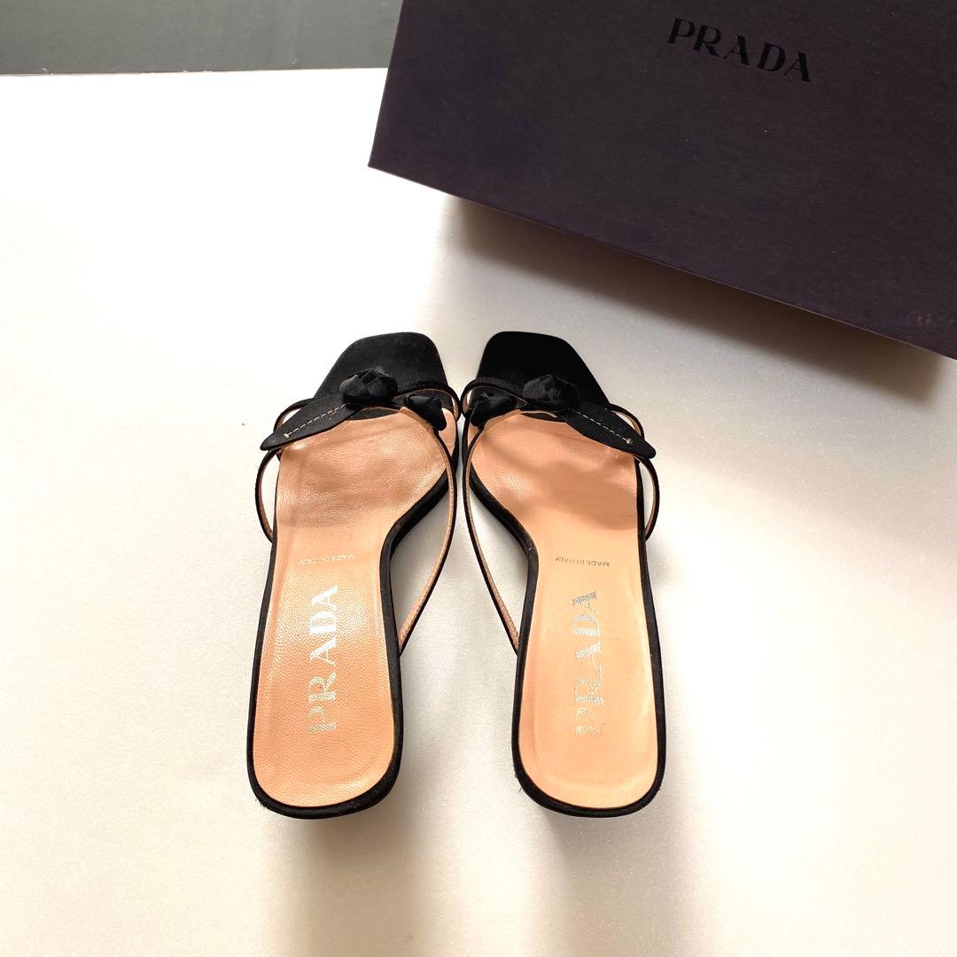 PRADA プラダ　サンダル　23.5 ミュール　黒　バラ　お花モチーフ　37