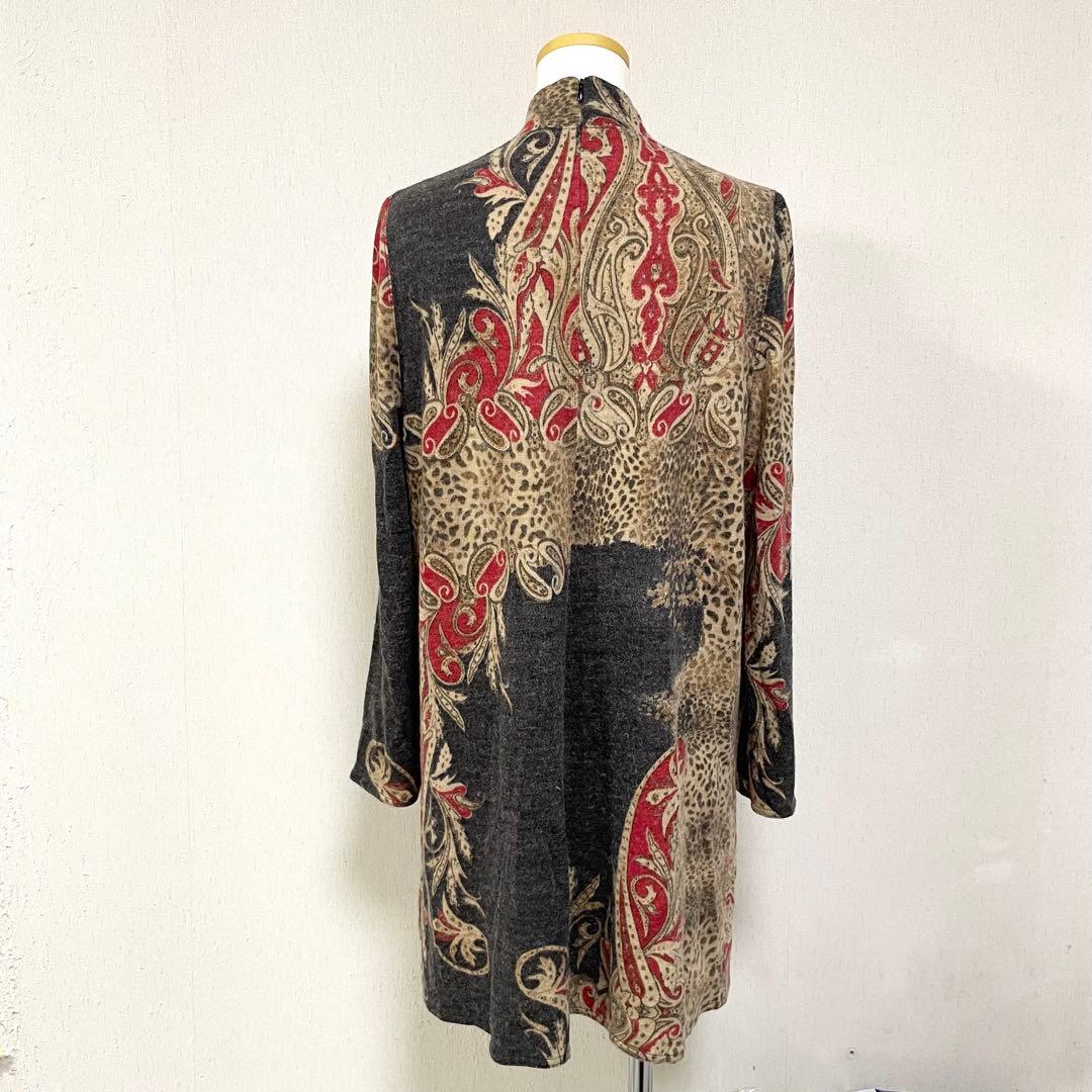 伊太利屋 ヒョウ柄 ペイズリー ニットロングチュニック ハイネック 大きいサイズ
